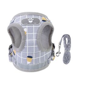Pet Mesh Harness Dog Leash Set Reflective Chest Strap Adjustable Puppy Vest For Puppies Breeds Dogs Cats Walking Outdoor (Option: GreyCheckered_XS)