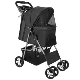 4 Wheels Pet Stroller Foldable Carrier Strolling Cart Travel Jogger Pet Stroller with Removable Liner Storage Basket for Dog Cat (Option: Black)