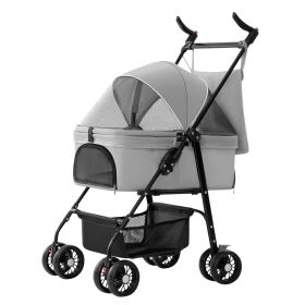 4 Wheels Pet Stroller Foldable Carrier Strolling Cart Travel Jogger Pet Stroller with Removable Liner Storage Basket for Dog Cat (Option: Grey)