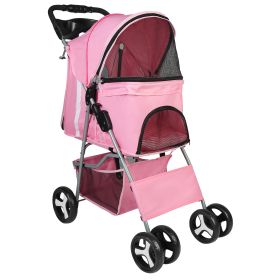 4 Wheels Pet Stroller Foldable Carrier Strolling Cart Travel Jogger Pet Stroller with Removable Liner Storage Basket for Dog Cat (Option: Pink)
